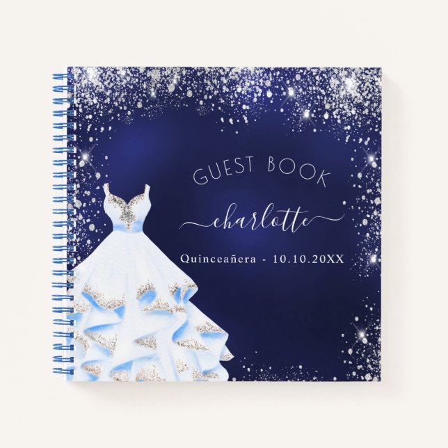 Gästebuch Quinceanera Marinekleid Blau Glitzer Notizbuch (Vorderseite)