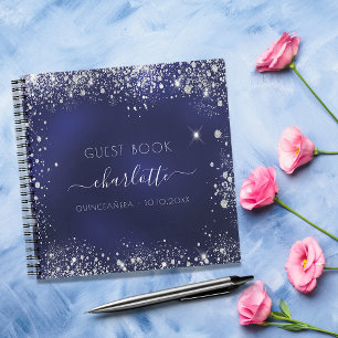 Gästebuch Quinceanera Marinevy Silber Glitzer Notizbuch
