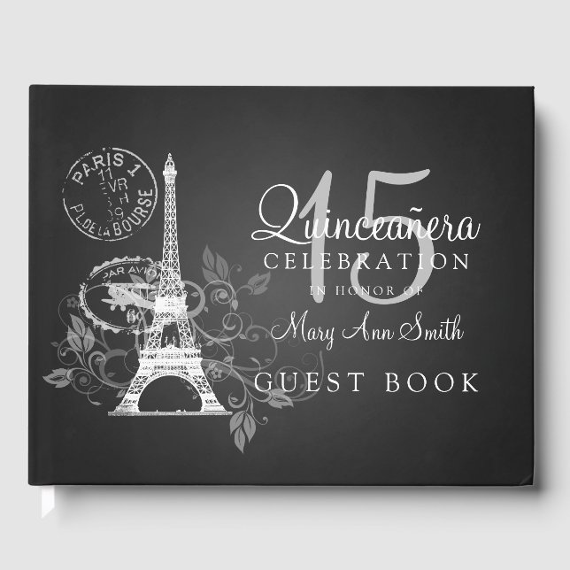 Gästebuch Quinceanera Party Paris Black (Vorderseite)