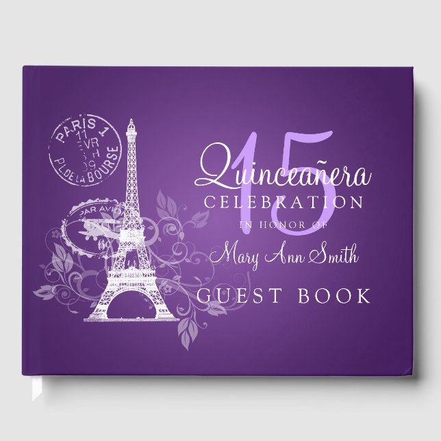 Gästebuch Quinceanera Party Paris Lila (Vorderseite)