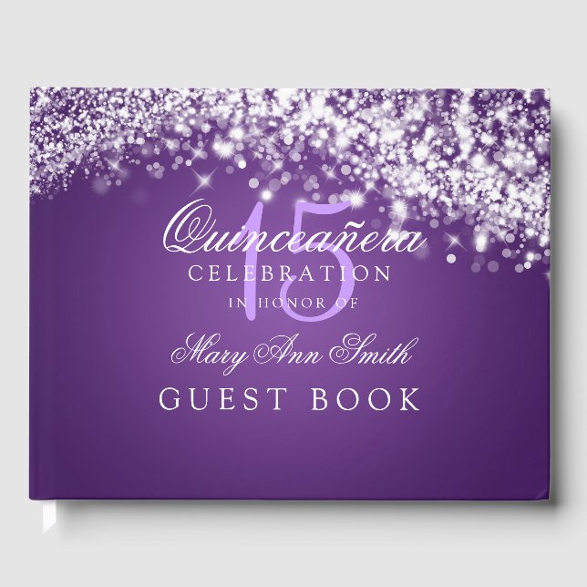 Gästebuch Quinceanera Party Sparkling Wave Lila (Vorderseite)