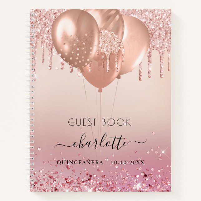 Gästebuch Quinceanera Rose Gold Rosa Glitzer Notizbuch (Vorderseite)