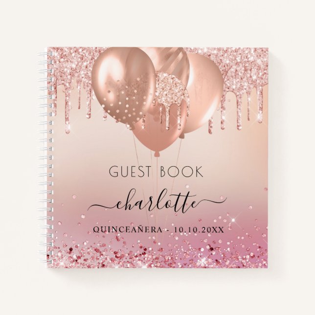 Gästebuch Quinceanera Rose Gold Rosa Glitzer Notizbuch (Vorderseite)