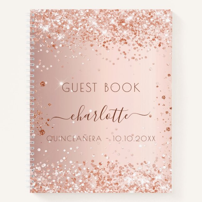 Gästebuch Quinceanera Rose Gold Schwarze Glitzern Notizbuch (Vorderseite)