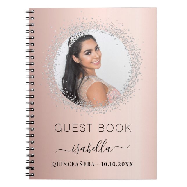 Gästebuch Quinceanera Rose Gold Silber Foto Notizblock (Vorderseite)