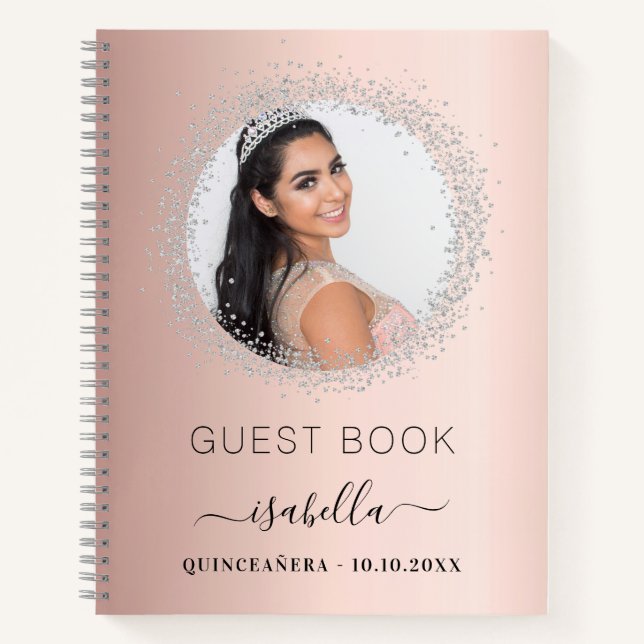 Gästebuch Quinceanera Rose Gold Silber Foto Notizbuch (Vorderseite)