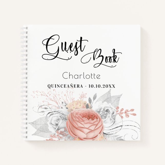Gästebuch Quinceanera Rose Gold Silber Notizbuch (Vorderseite)