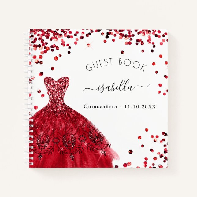 Gästebuch Quinceanera rotes weißes Kleid Notizbuch (Vorderseite)