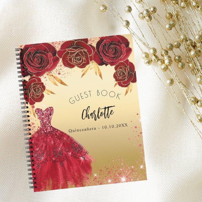 Gästebuch Quinceanera Rotgold Glitzer Kleid Notizbuch (Von Creator hochgeladen)
