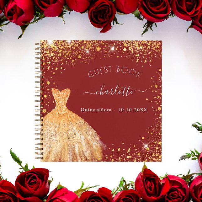 Gästebuch Quinceanera Rotgold Glitzer Kleid Notizbuch (Von Creator hochgeladen)