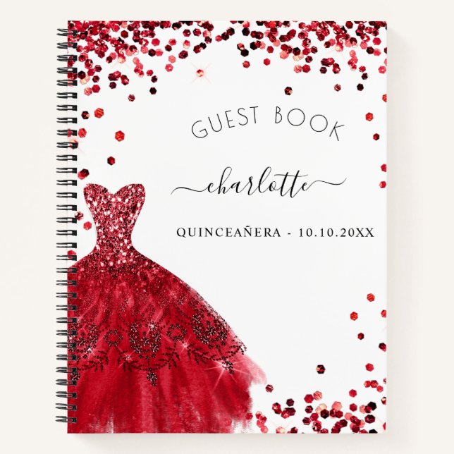 Gästebuch Quinceanera schwarz rotes Kleid Notizbuch (Vorderseite)