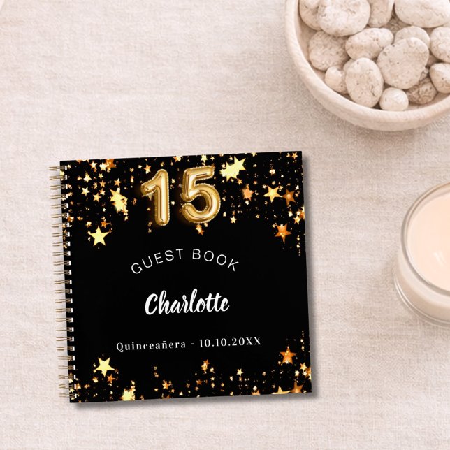 Gästebuch Quinceanera schwarze goldene Sterne Notizbuch (Von Creator hochgeladen)