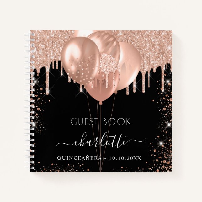 Gästebuch Quinceanera schwarze Rose Goldballons Notizbuch (Vorderseite)