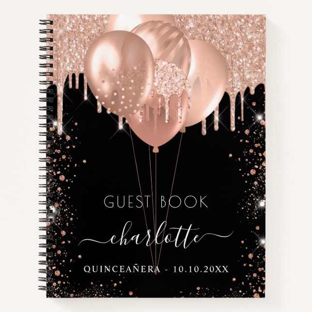 Gästebuch Quinceanera schwarze Rose Goldballons Notizbuch (Vorderseite)