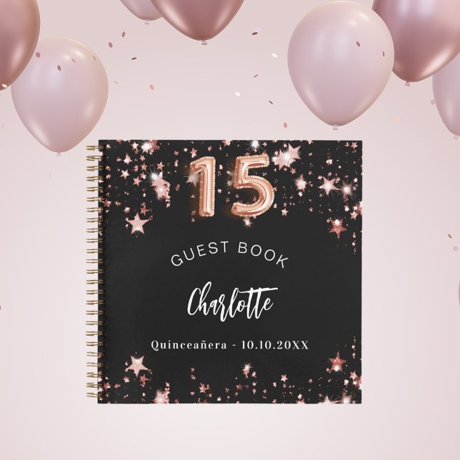 Gästebuch Quinceanera Schwarze Rose Goldstars Notizbuch (Von Creator hochgeladen)
