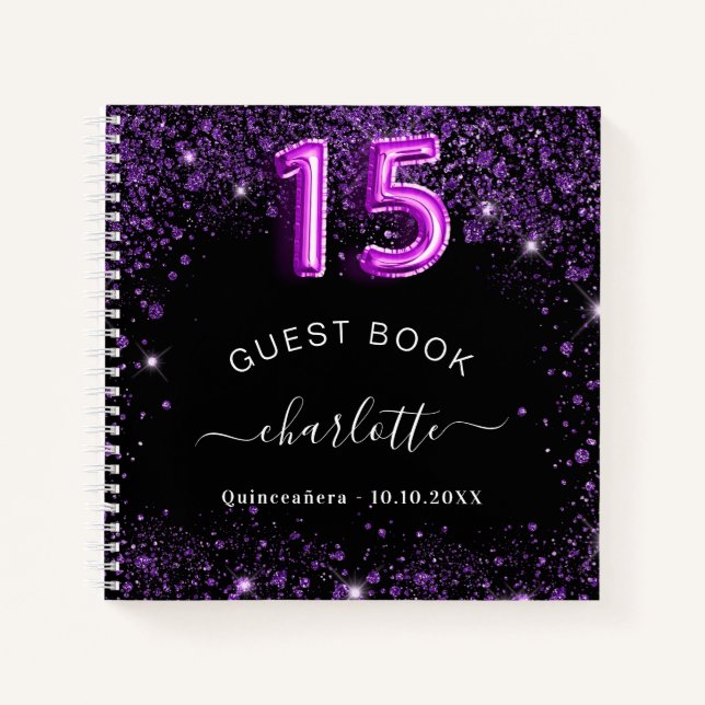 Gästebuch Quinceanera schwarzer lila Glitzer Name Notizbuch (Vorderseite)
