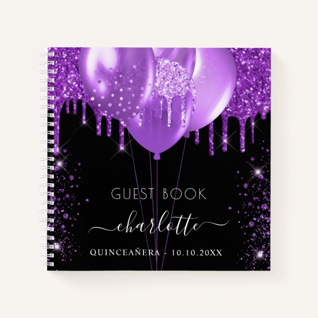 Gästebuch Quinceanera schwarzer lila Glitzer Name Notizbuch (Vorderseite)