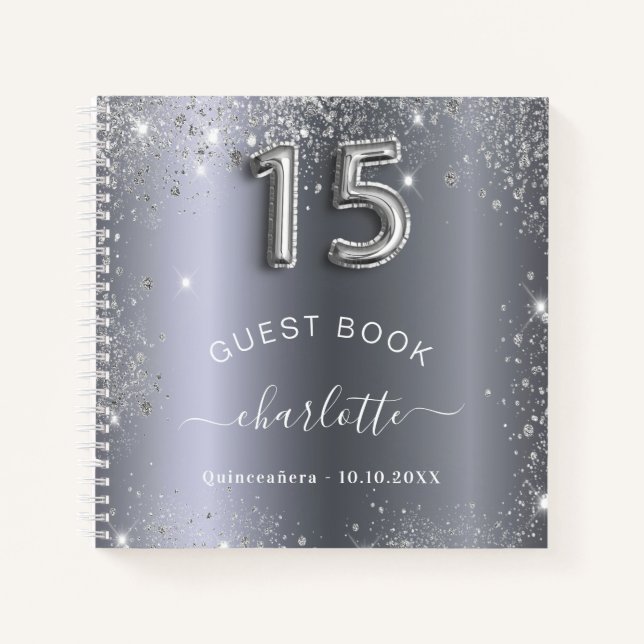 Gästebuch Quinceanera silber Glitzer Name glau Notizbuch (Vorderseite)