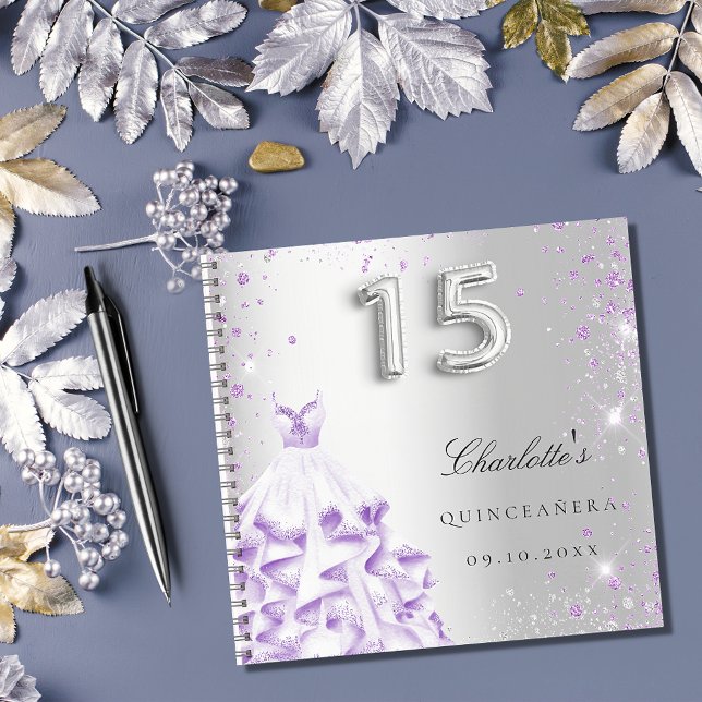 Gästebuch Quinceanera Silber lila Glitzer Kleid Notizbuch (Von Creator hochgeladen)