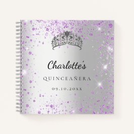 Gästebuch Quinceañera silber lila Glitzer tiara Notizbuch