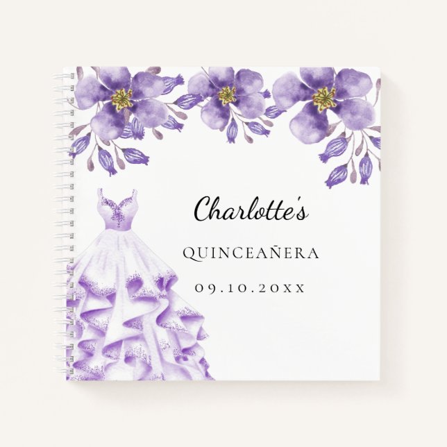 Gästebuch Quinceanera violettes Kleid florale Notizbuch (Vorderseite)