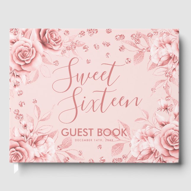 Gästebuch Rose Gold Blush Sweet 16 Glitzer Confett (Vorderseite)