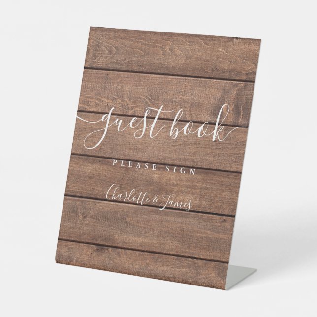 Gästebuch Rustic Barn Wood Signature Script Sockelschild (Vorderseite)