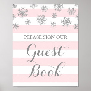 Gästebuch Schild Silber Schnee Rosa Streifen