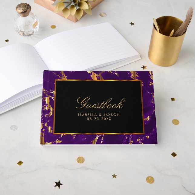 Gästebuch - Schwarz, Gold und Lila Marmor (Vorderseite Offen)