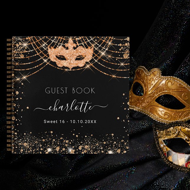 Gästebuch Sweet 16 Black Gold Masquerade Glitzer Notizbuch (Von Creator hochgeladen)