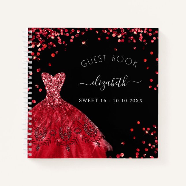 Gästebuch Sweet 16 Black Red Dress Glitzer Notizbuch (Vorderseite)