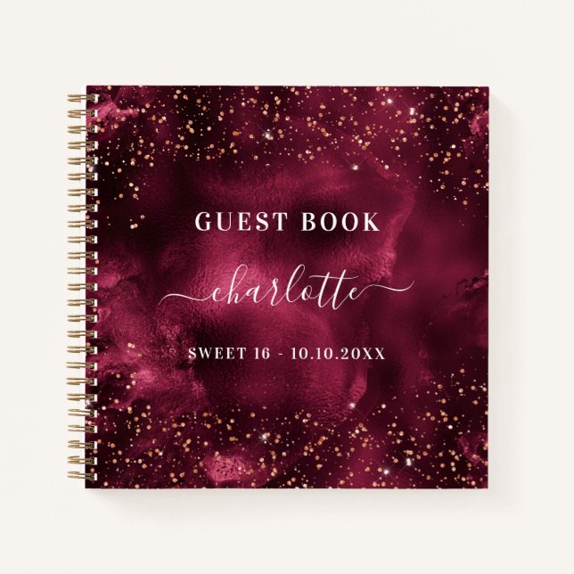 Gästebuch Sweet 16 burgundy Rose Gold Glitzer Notizbuch (Vorderseite)
