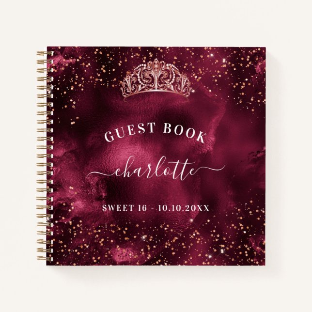 Gästebuch Sweet 16 burgundy Rose gold tiara Notizbuch (Vorderseite)