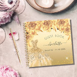 Gästebuch Sweet 16 Gold Glitzer Kleid Notizbuch<br><div class="desc">Für eine süße 16,  16. Geburtstagsfeier. Ein goldener Hintergrund mit Imitaten Glitzer Staub,  ein Kleid und goldene Rose,  Blumenmuster. Der Name ist mit einem modernen handgeschriebenen Stilskript geschrieben. Personalisieren und fügen Sie einen Namen und ein Datum hinzu.</div>