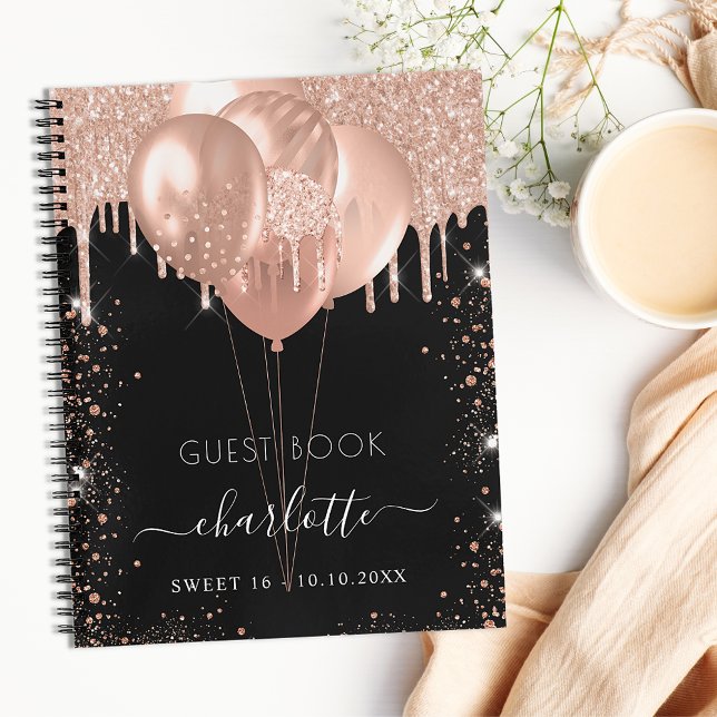 Gästebuch Sweet 16 Goldballons aus schwarzer Rose Notizblock (Von Creator hochgeladen)