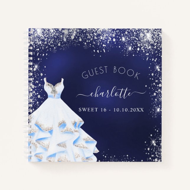 Gästebuch Sweet 16 Marineblau Glitzer Kleid Notizbuch (Vorderseite)