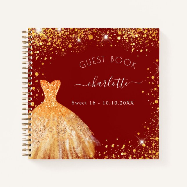 Gästebuch Sweet 16 Red gold Glitzer Kleid Notizbuch (Vorderseite)
