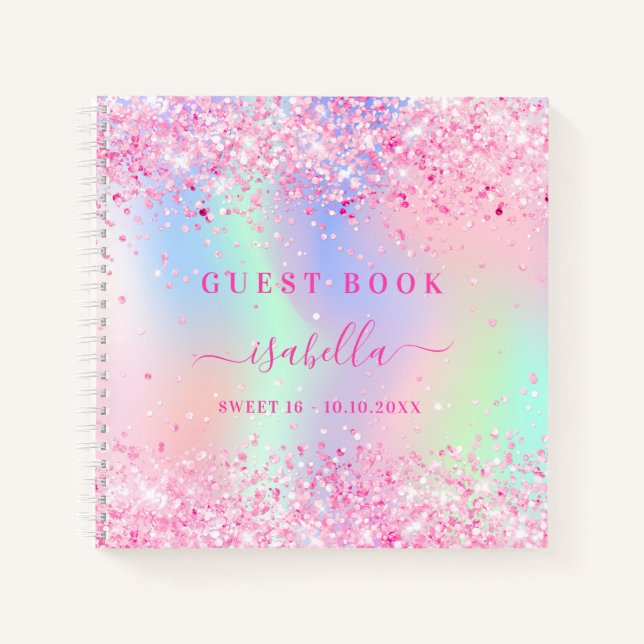 Gästebuch Sweet 16 rosa holografisch Notizbuch (Vorderseite)