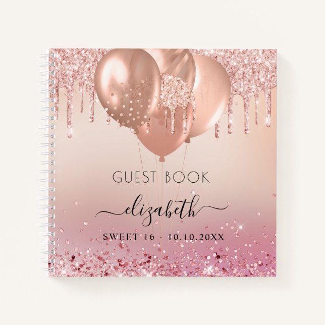 Gästebuch Sweet 16 Rosa Rosa Gold Glitzer Notizbuch (Vorderseite)
