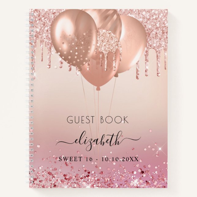 Gästebuch Sweet 16 Rosa Rosa Gold Glitzer Notizbuch (Vorderseite)