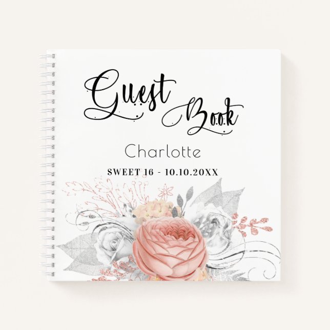 Gästebuch Sweet 16 Rose Gold Blütensilber Notizbuch (Vorderseite)