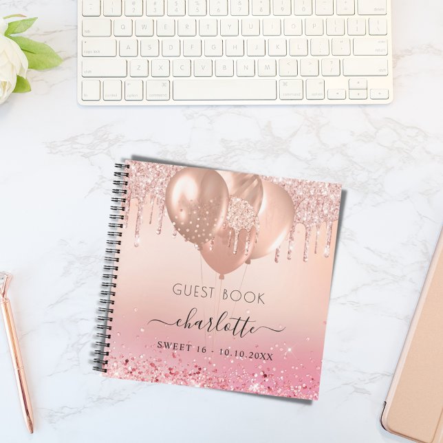 Gästebuch Sweet 16 Rose Goldbarren Rosa Ballons Notizbuch (Von Creator hochgeladen)