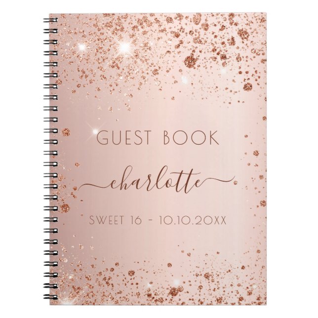 Gästebuch Sweet 16 Rose Goldrot Glitzern Notizblock (Vorderseite)