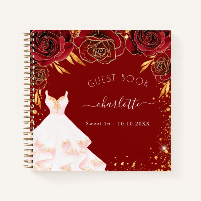 Gästebuch Sweet 16 rot goldfarbenes weißes Kleid Notizbuch (Vorderseite)