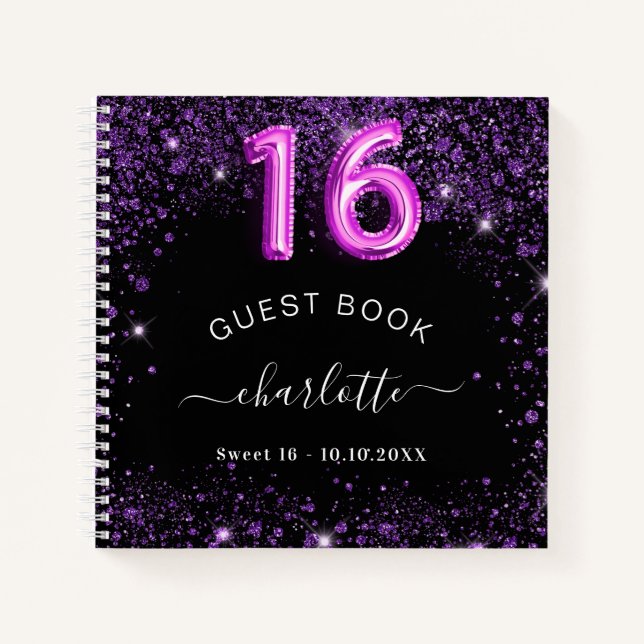 Gästebuch Sweet 16 Schwarz lila Glitzer Name Notizbuch (Vorderseite)