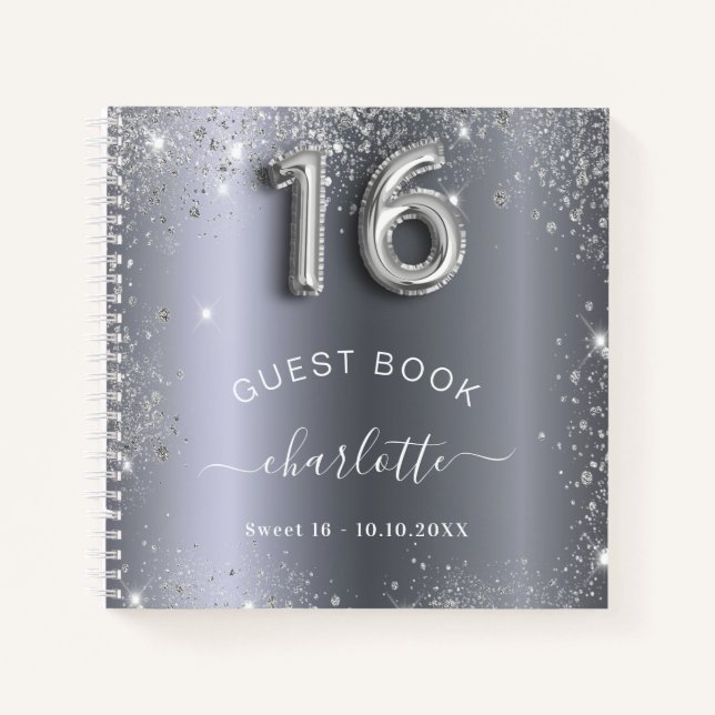 Gästebuch Sweet 16 silber Glitzer Name glam Notizbuch (Vorderseite)