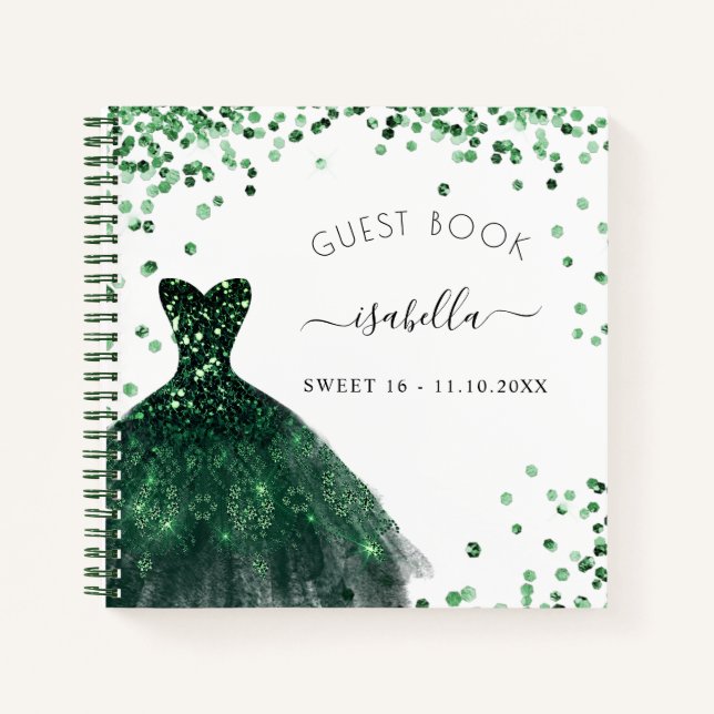Gästebuch Sweet 16 smaragdgrünes Kleid Notizbuch (Vorderseite)