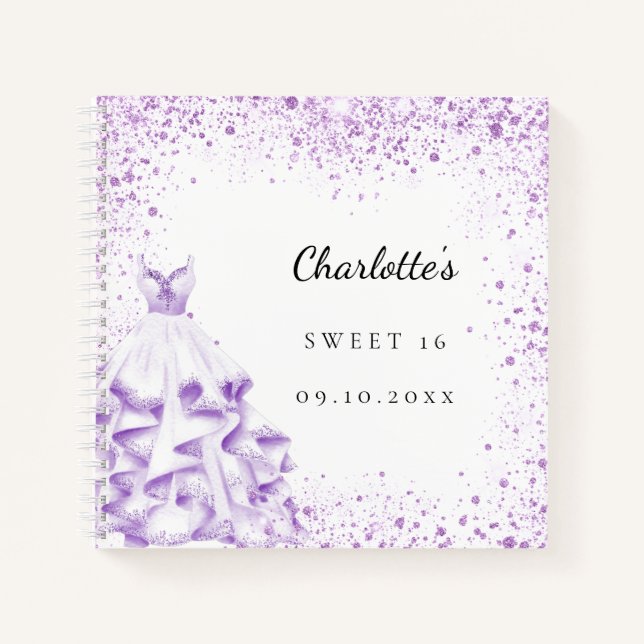 Gästebuch Sweet 16 violettes Kleid Glitzer elegant Notizbuch (Vorderseite)