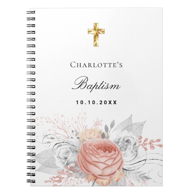 Gästebuch Taufe Rose Goldfloralen Silber Notizblock (Vorderseite)