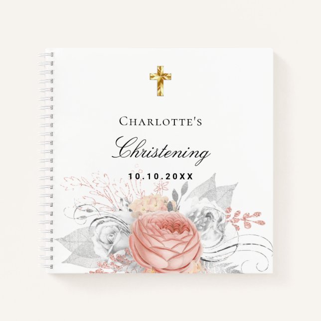 Gästebuch Taufe Rose Goldfloralen Silber Notizbuch (Vorderseite)